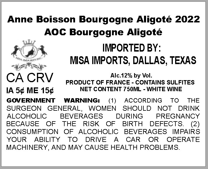 TABC label artwork for ANNE BOISSON BOURGOGNE ALIGOTE