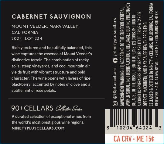 TABC label artwork for 90+ Cellars Lot 234 2024 Cabernet Sauvignon