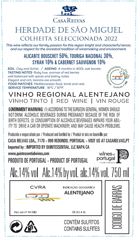 TABC label artwork for Herdade Sao Miguel Red Wine
