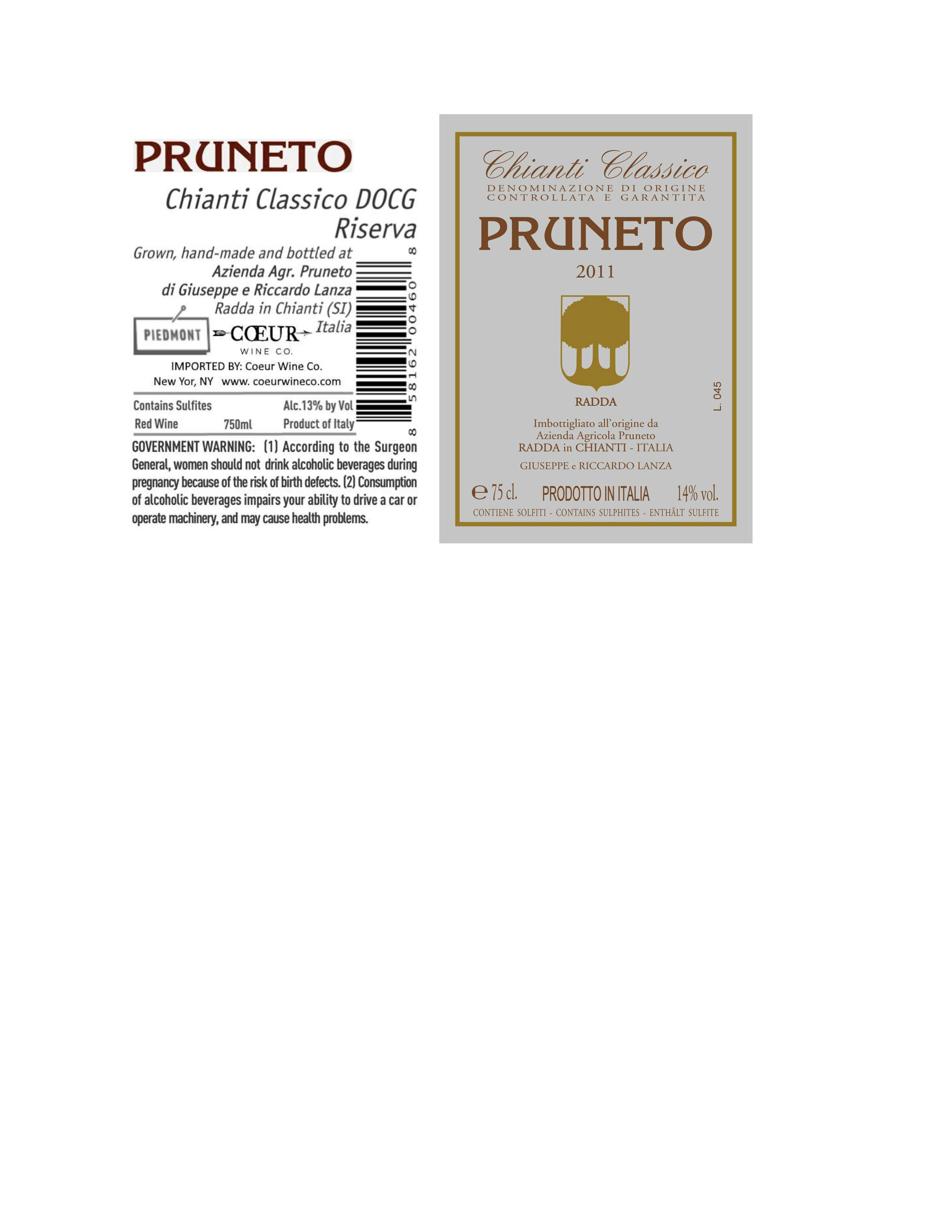 TABC label artwork for Pruneto Chianti Classico