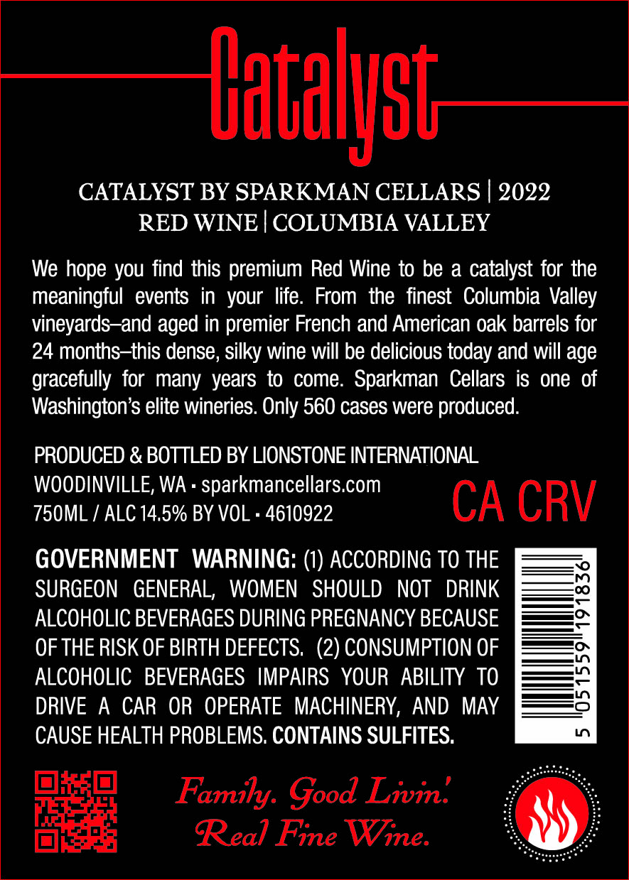 TABC label artwork for Catalyst by Sparkman Cellars Red Wine Blend Columbia Valley, WA
