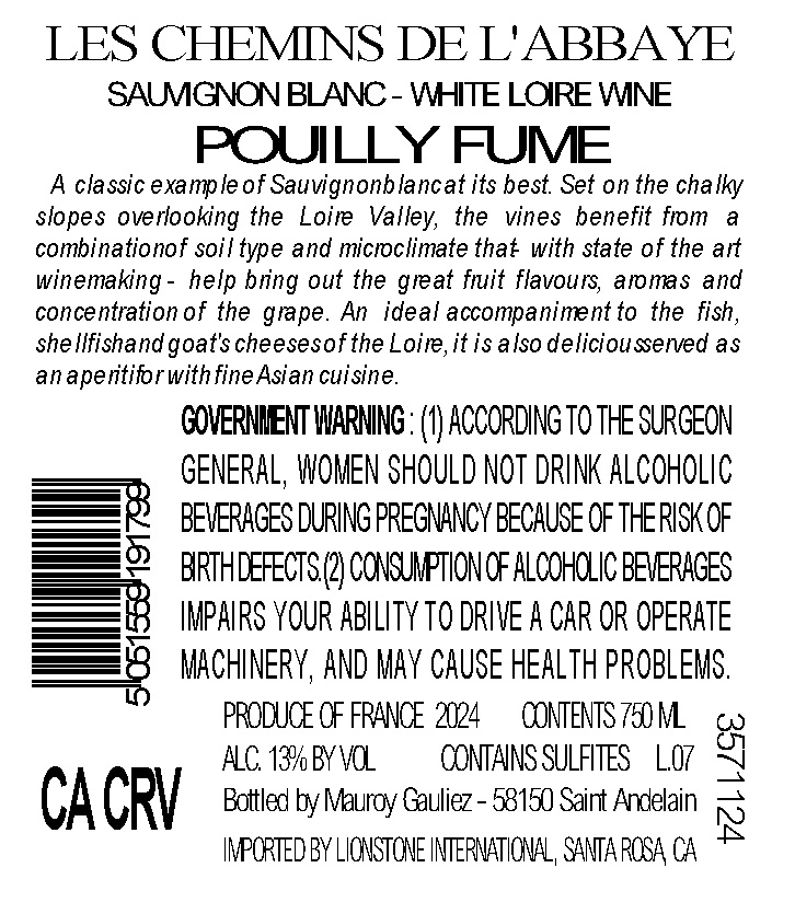 TABC label artwork for Les Chemins de L' Abbaye Pouilly Fume Sauvignon Blanc Loire Wine, France
