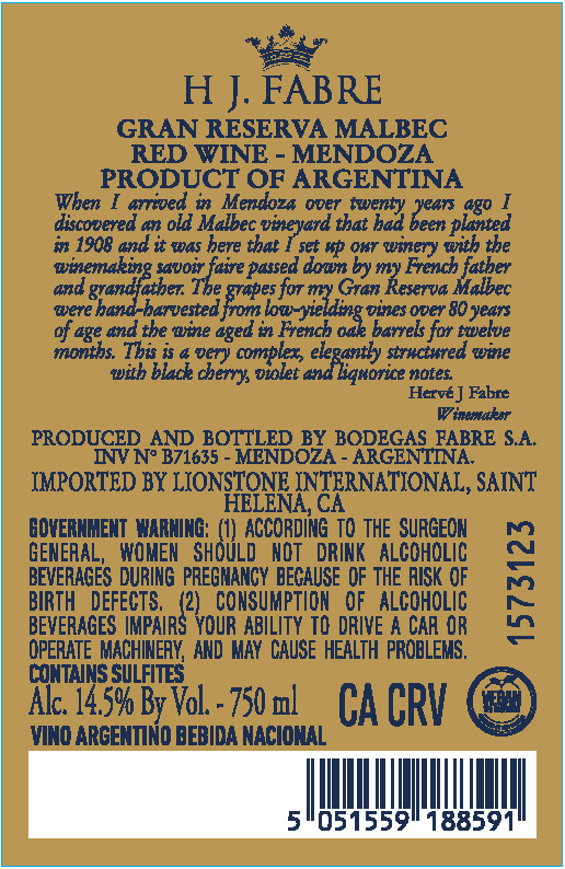 TABC label artwork for HJ Fabre Gran Reserva Mendoza Malbec, Argentina