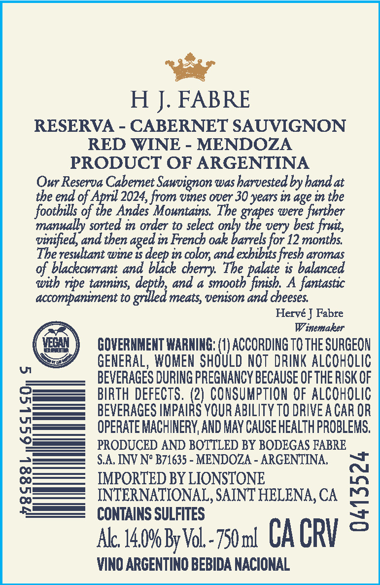 TABC label artwork for HJ Fabre Reserva Mendoza Cabernet Sauvignon, Argentina
