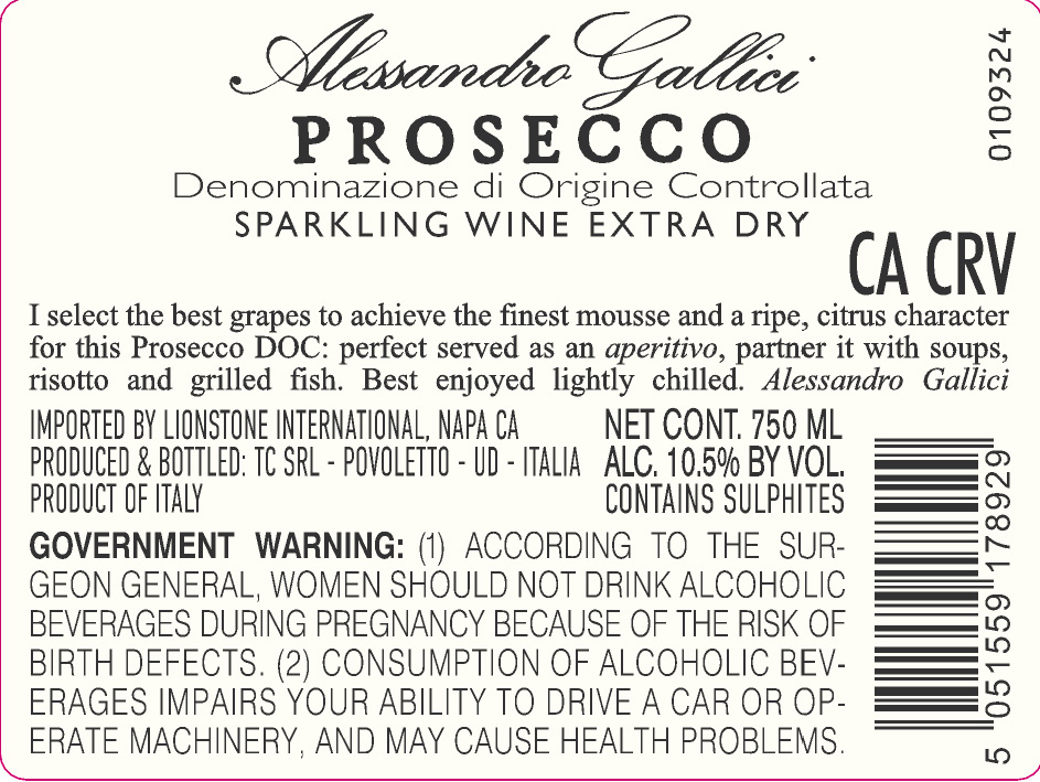 TABC label artwork for Alessandro Gallici Prosecco Brut Sparkling Wine, Italy