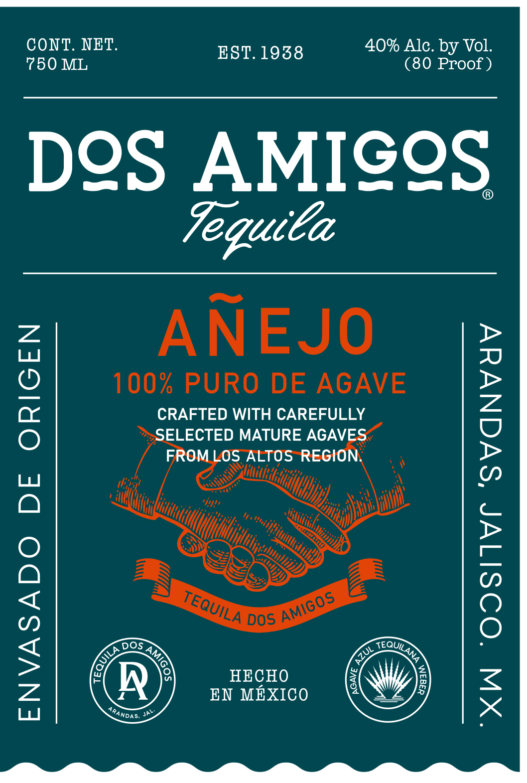 TABC label artwork for Dos Amigos 100% Agave Anejo