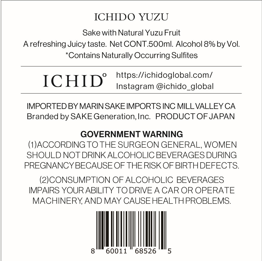 TABC label artwork for Ichido Yuzu Sake With Natural Fruit
