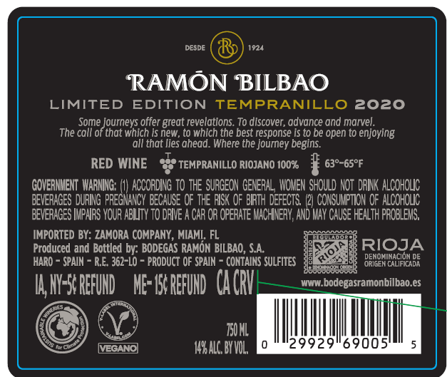 TABC label artwork for Ramon Bilbao Edicion Limitada 2020 Tempranillo