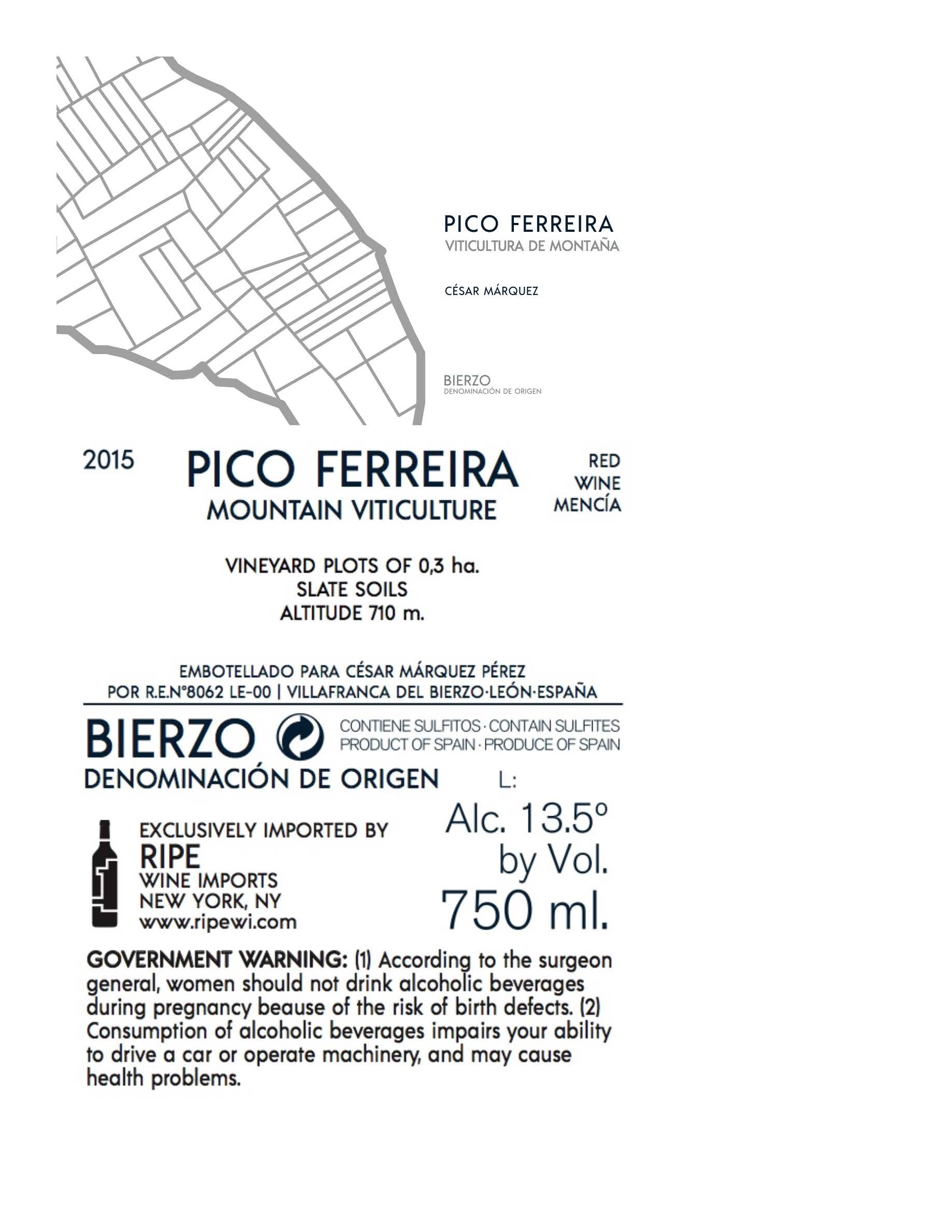 TABC label artwork for Cesar Marquez Perez, Pico Ferreira Mencia, Bierzo