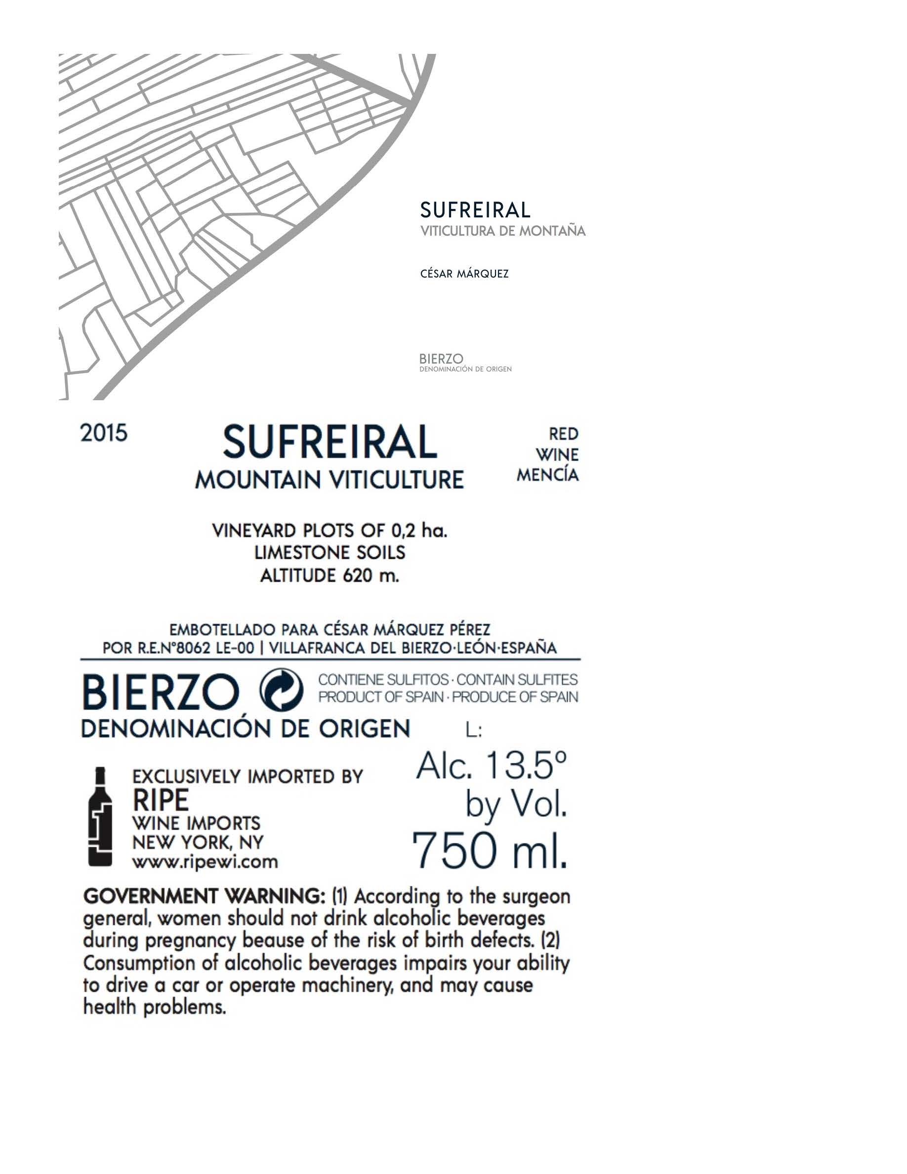 TABC label artwork for Cesar Marquez Perez, Sufreiral, Mencia Bierzo