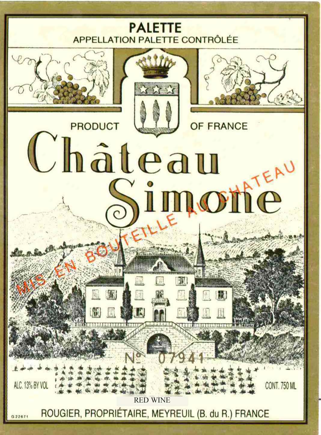 TABC label artwork for Chateau Simone Palette Rouge