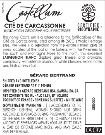 TABC label artwork for Gerard Bertrand Castellum Cite de Carcassonne Sauvignon Blanc