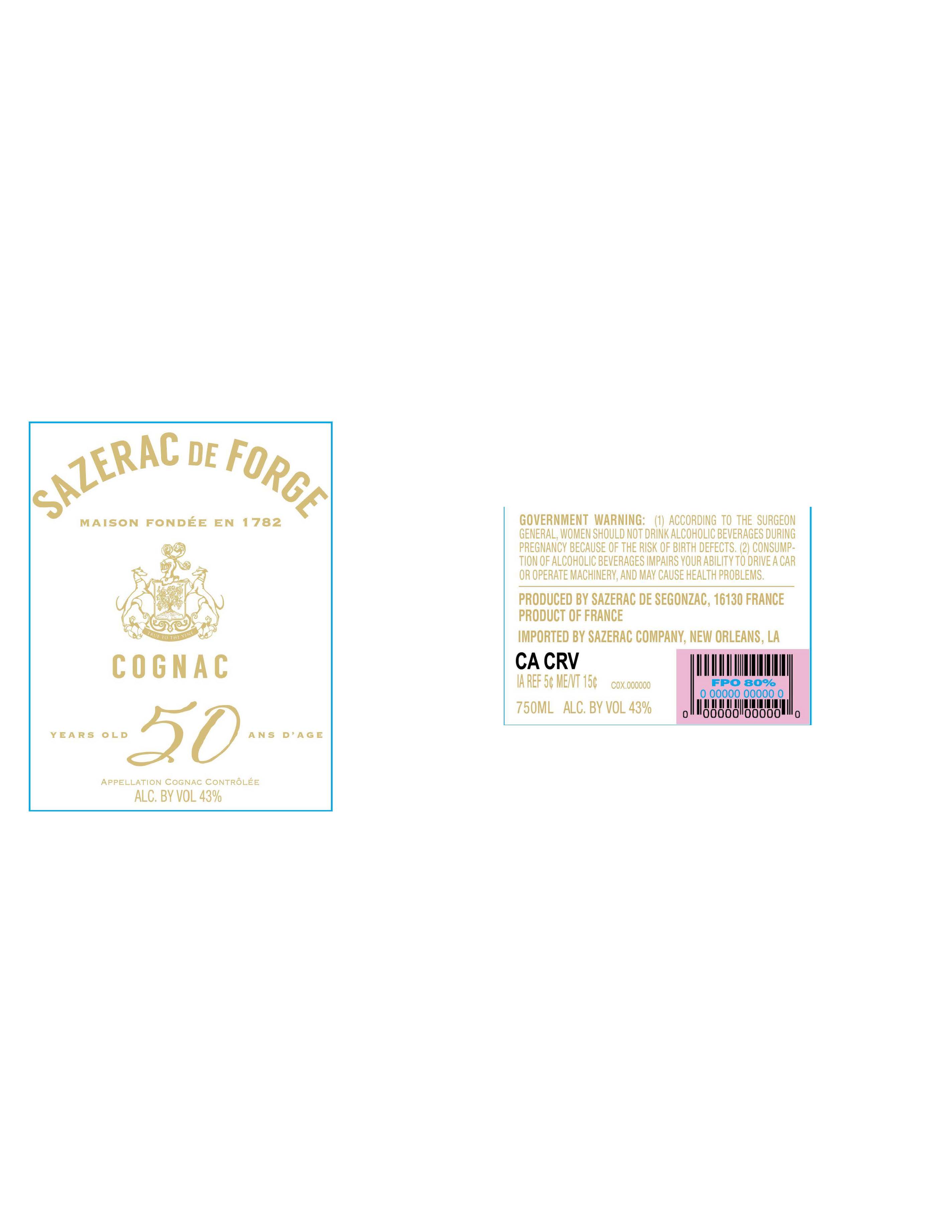 TABC label artwork for Sazerac De Forge Cognac 50 Years Old