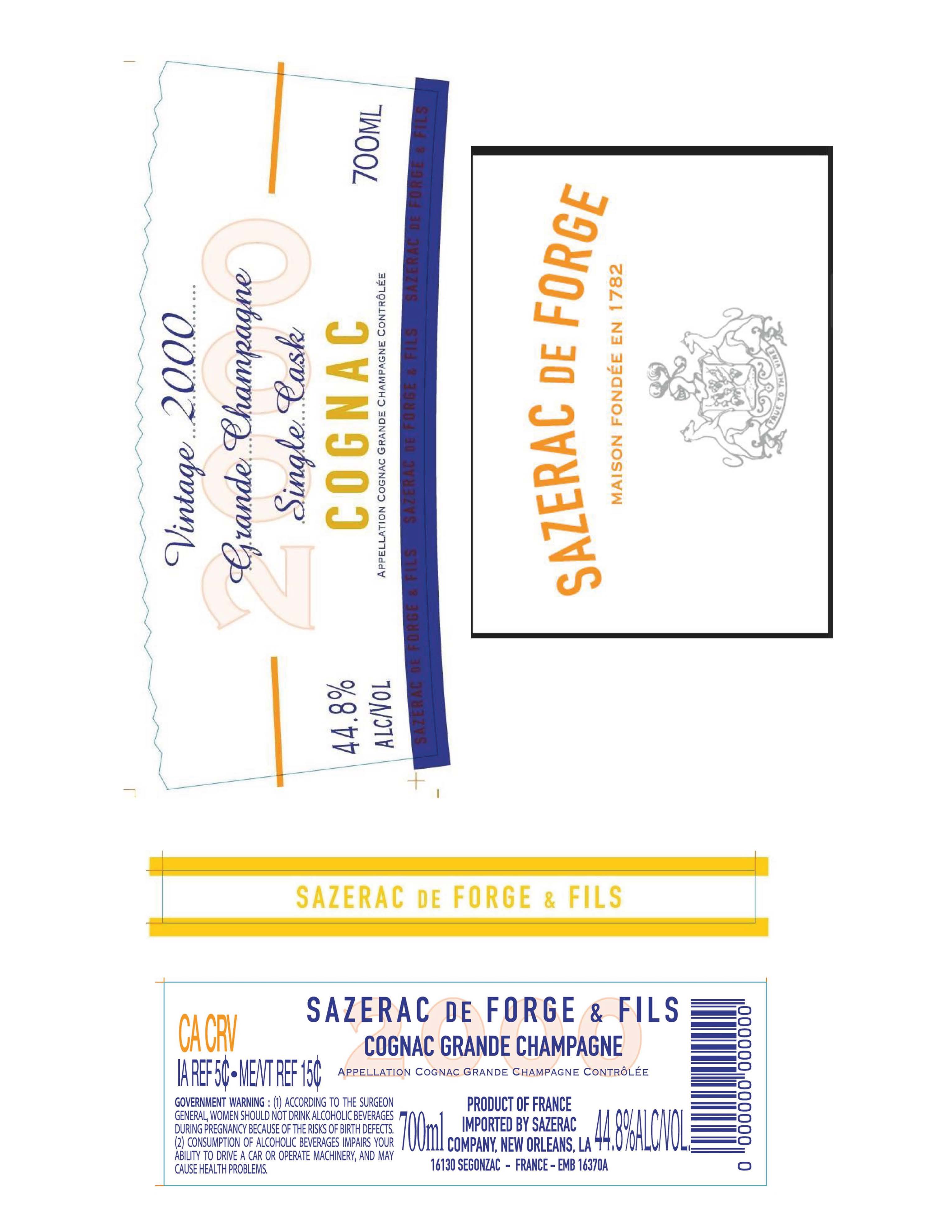 TABC label artwork for Sazerac De Forge Vintage 2000 Grande Champagne Single Cask Cognac