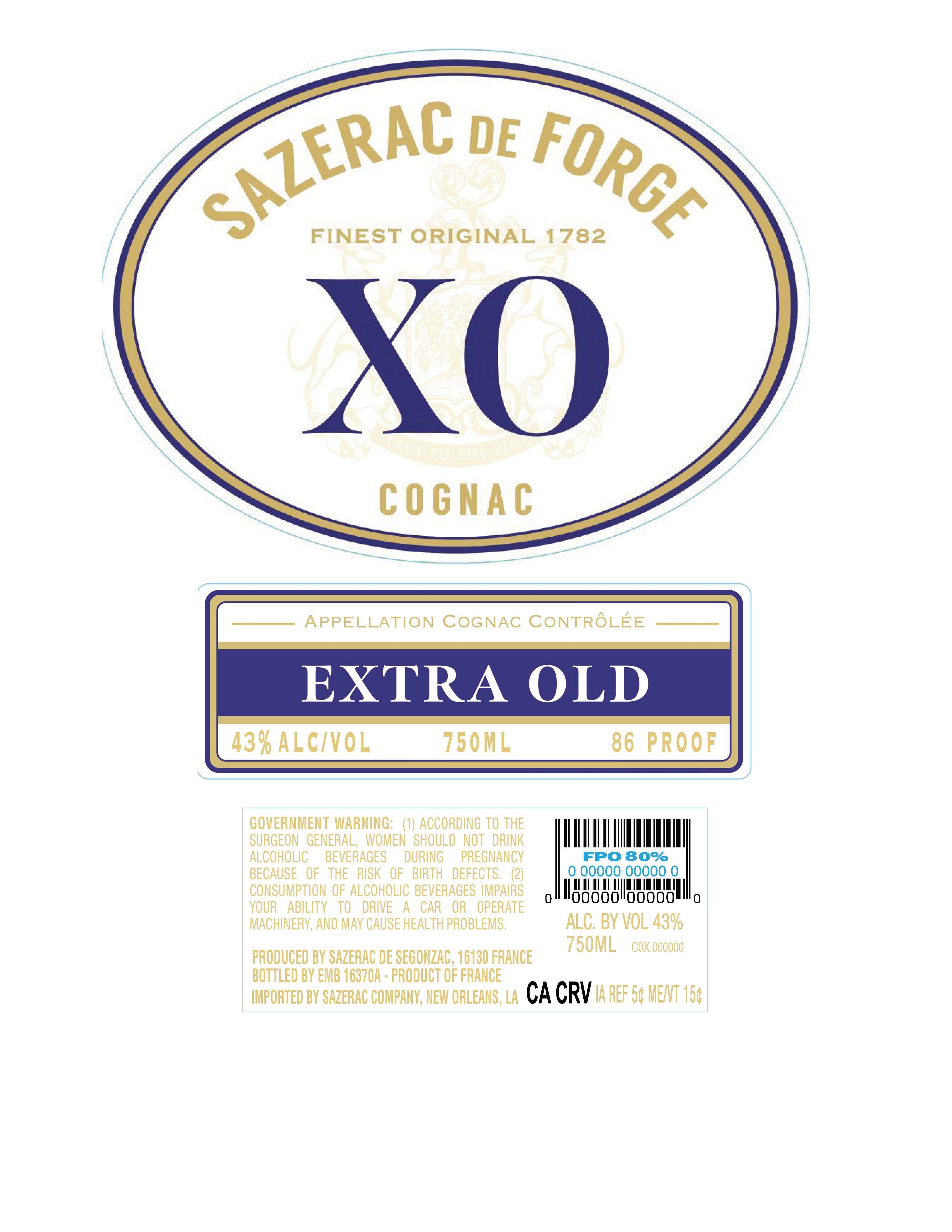 TABC label artwork for Sazerac De Forge XO Cognac