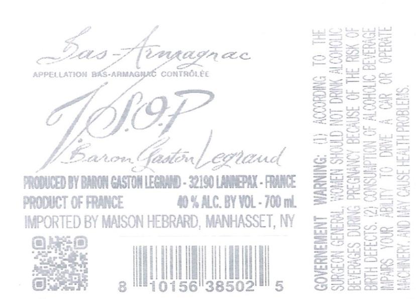 TABC label artwork for Baron Gaston Legrand Armagnac VSOP