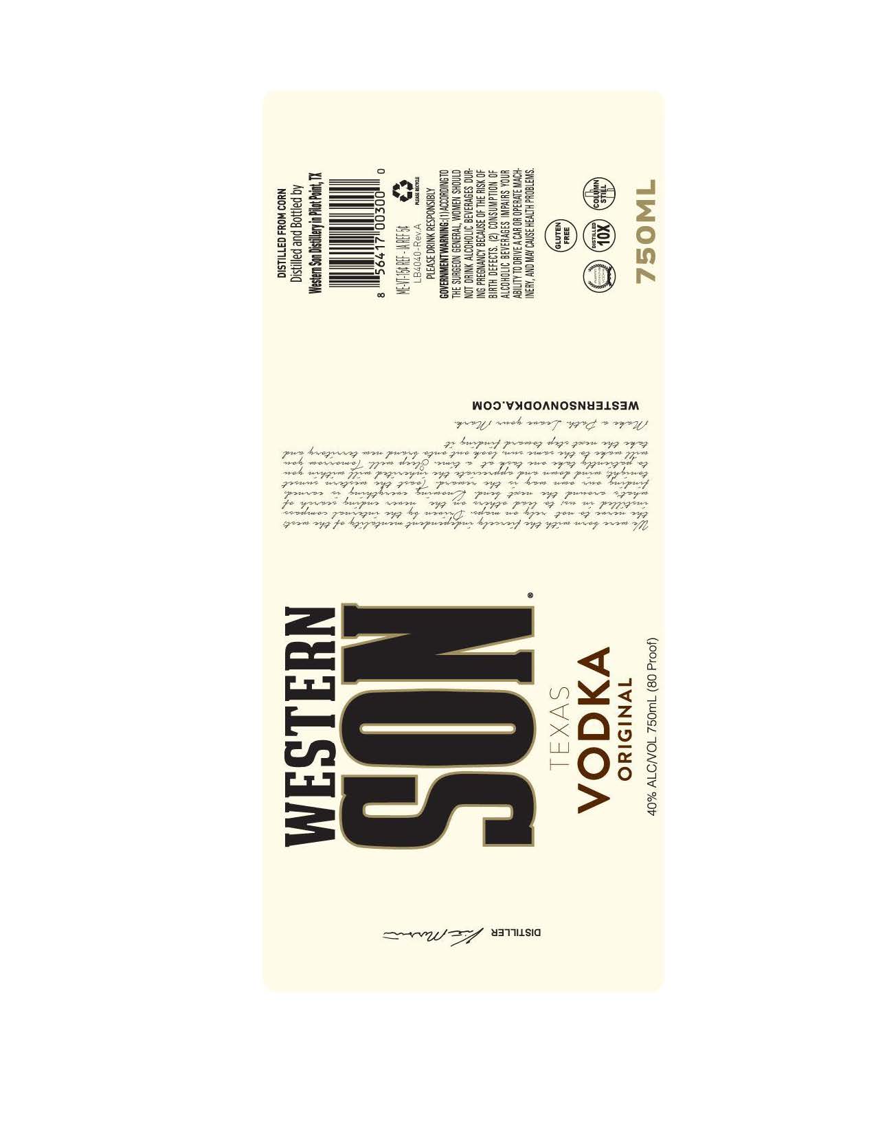 TABC label artwork for Western Son Texas Vodka Original 750ml
