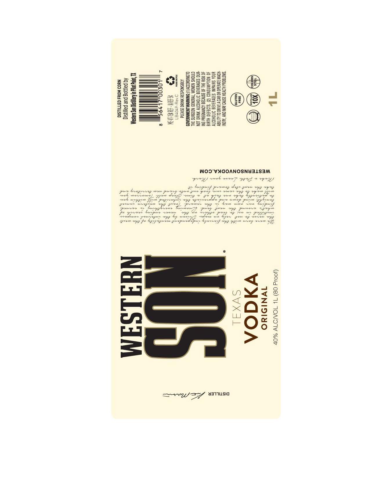 TABC label artwork for Western Son Texas Vodka Original 1L & 1.75L