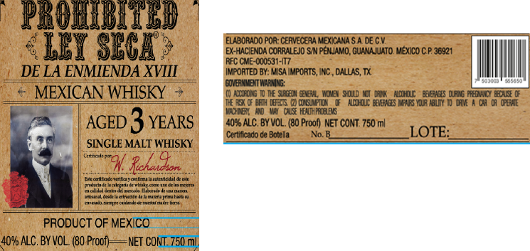 TABC label artwork for PROHIBITED LEY SECA DE LA ENMIENDA XVIII AGED 3 YEARS