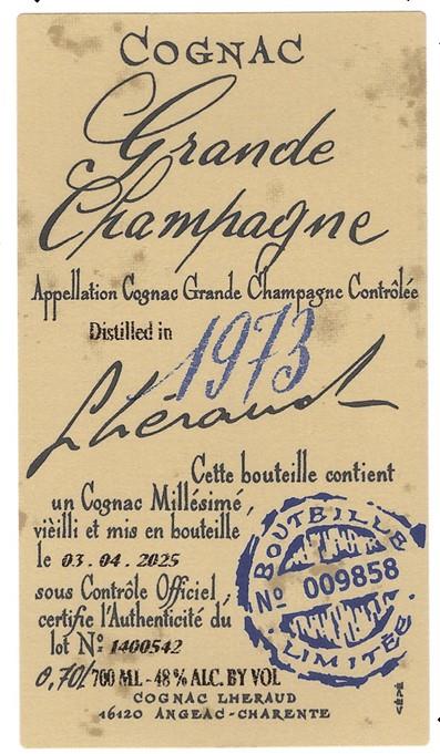 TABC label artwork for Cognac Lheraud Grande Champagne 1973