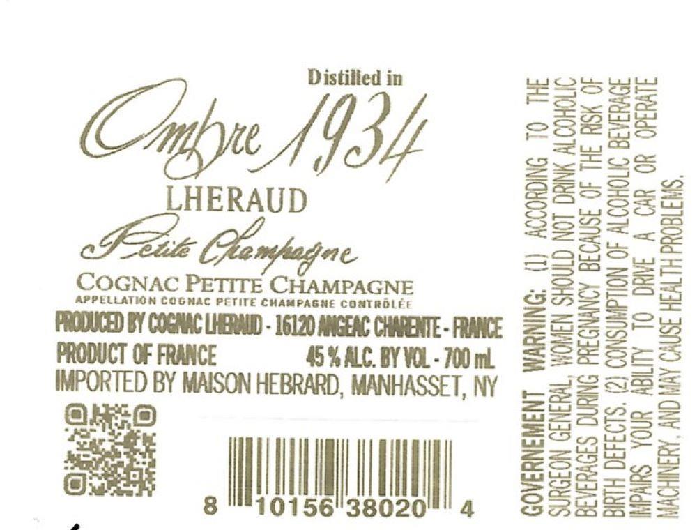 TABC label artwork for Cognac Lheraud Ombre Distilled in 1934