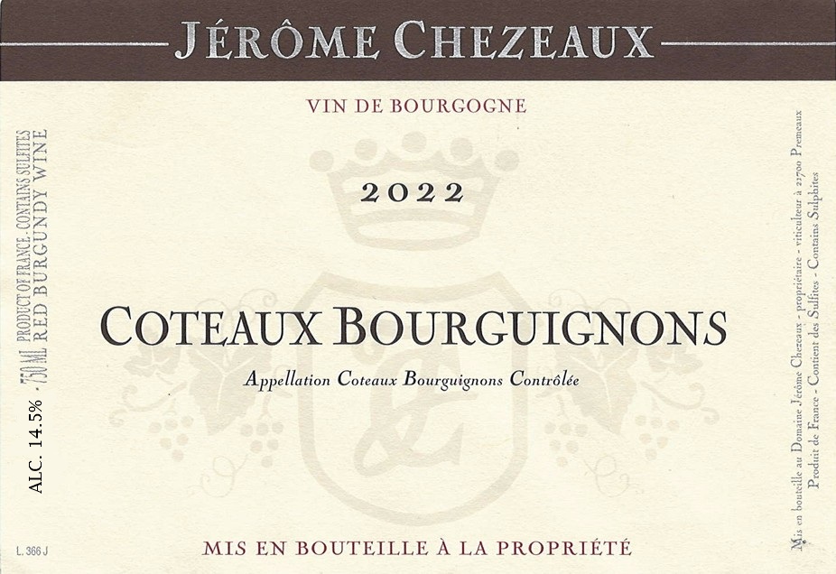 TABC label artwork for Jerome Chezeaux Coteaux Bourguignons Rouge