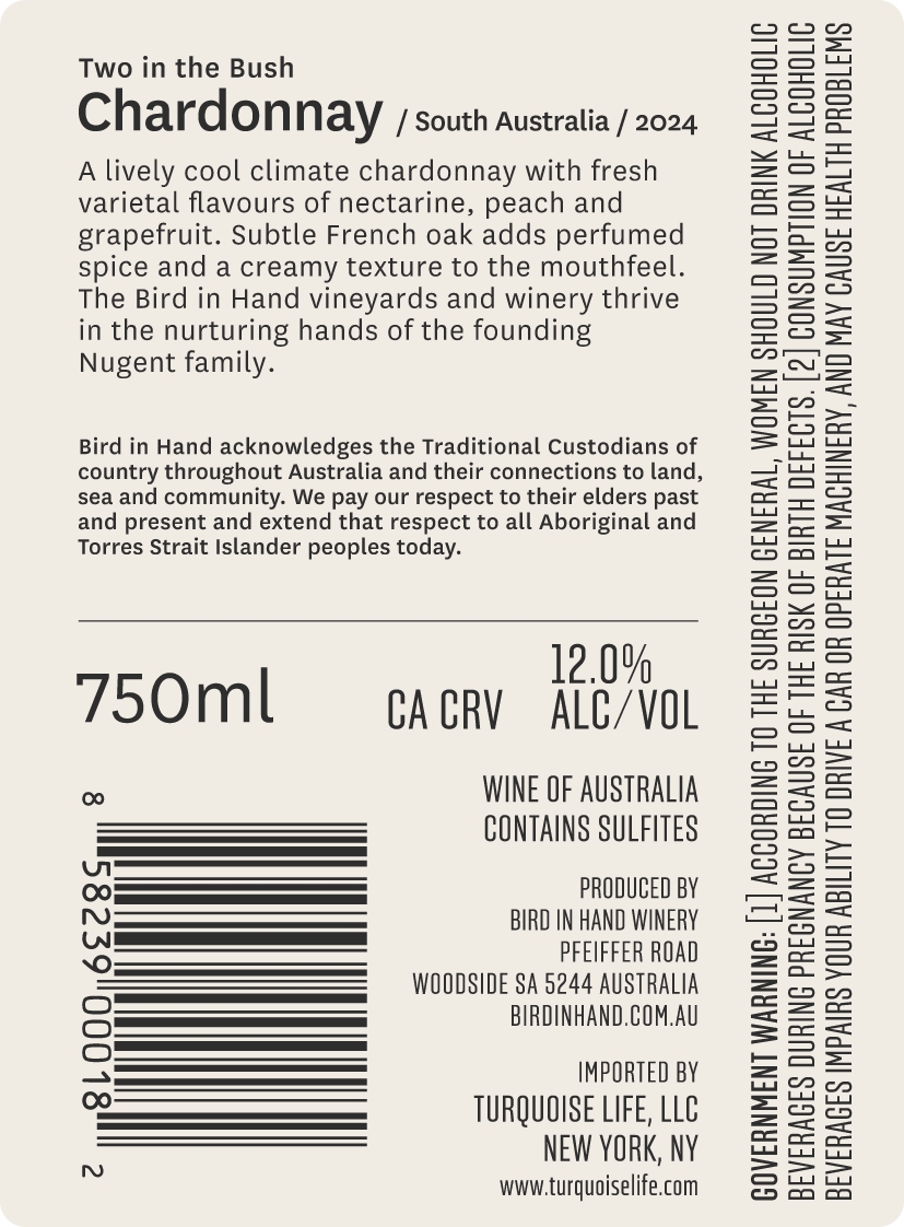 TABC label artwork for Two In The Bush Chardonnay 2024