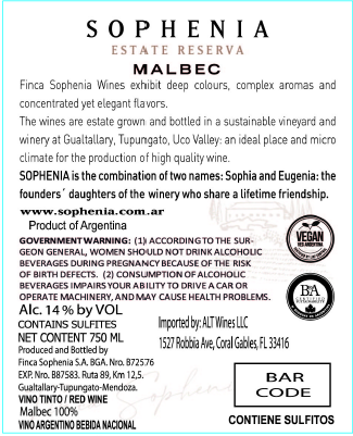 TABC label artwork for Sophenia Estate Reserva Malbec Valley de Uco Malbec