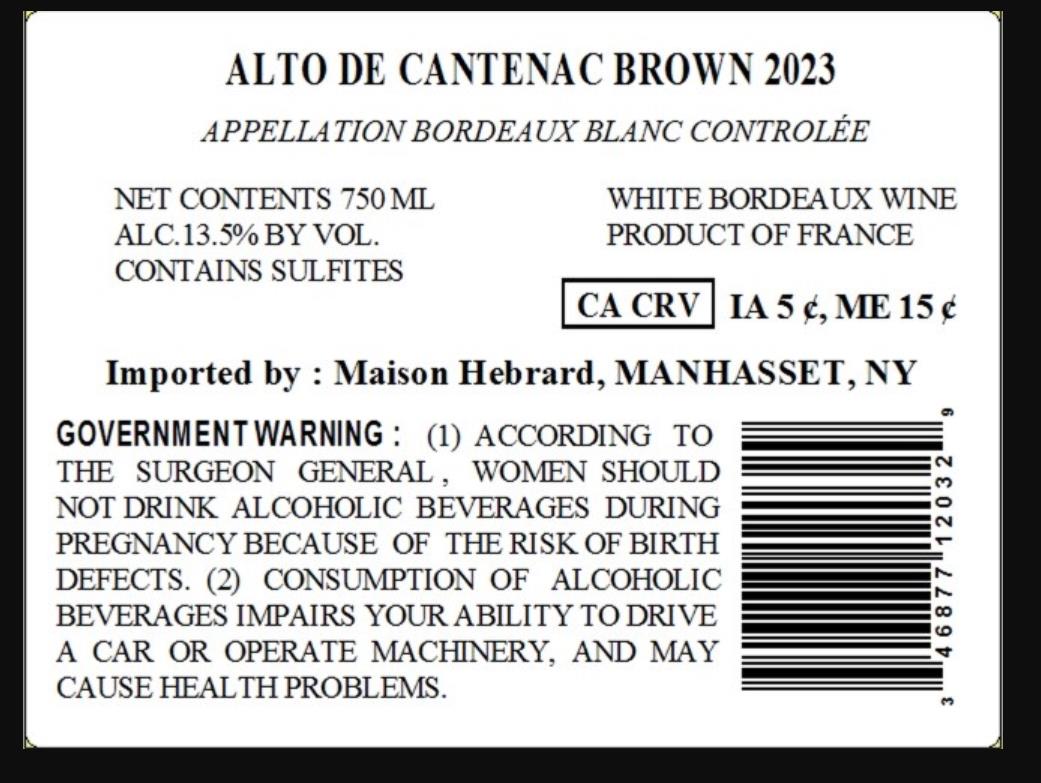 TABC label artwork for ALTO DE CANTENAC BROWN BORDEAUX WHITE