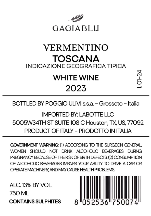 TABC label artwork for GAGIA BLU VERMENTINO