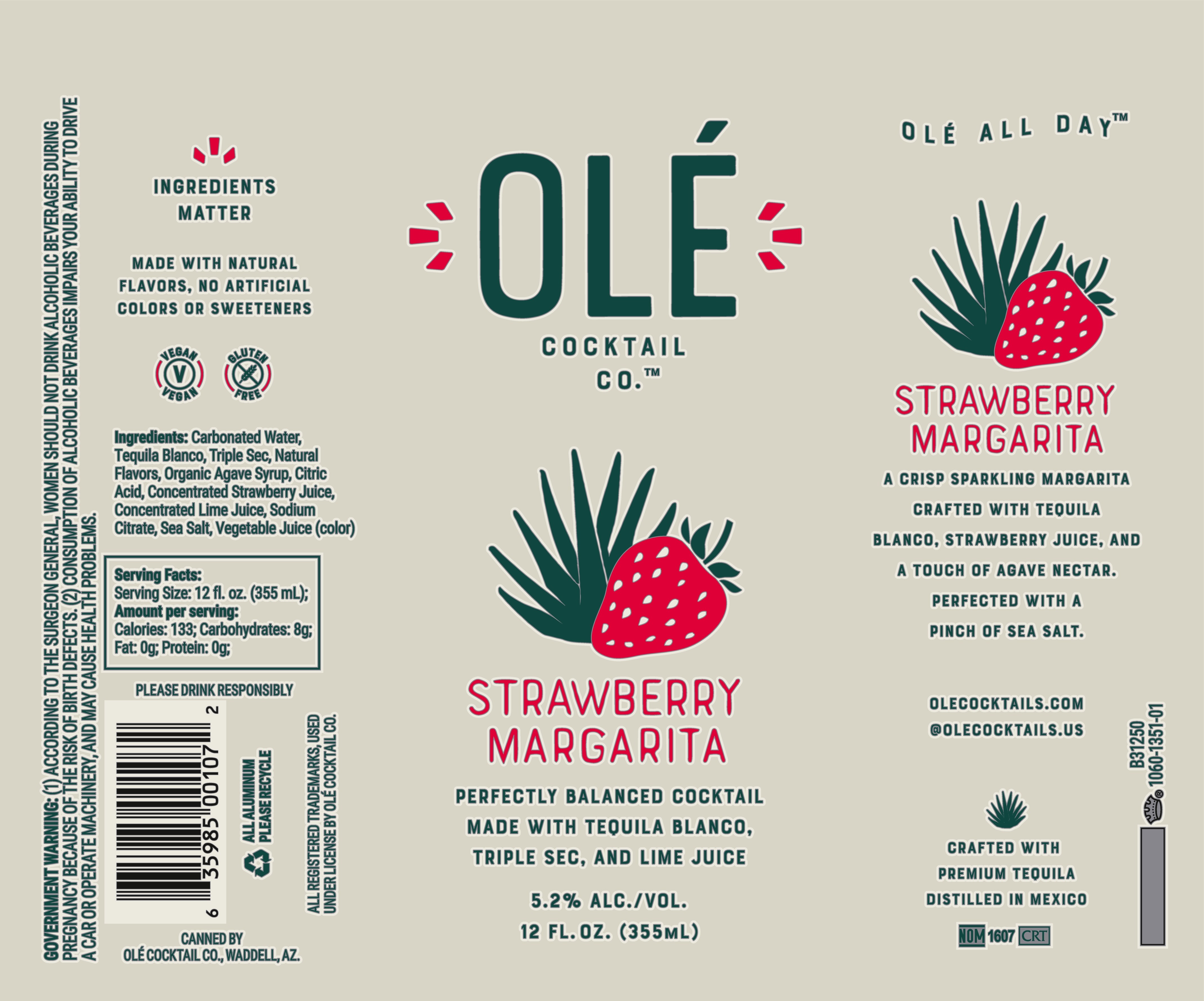 TABC label artwork for Ole Cocktail Co. Strawberry Margarita
