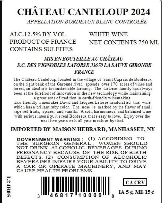 TABC label artwork for CHATEAU CANTELOUP BORDEAUX WHITE