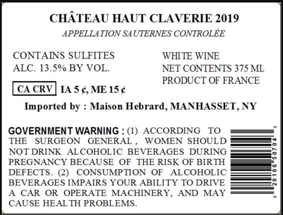 TABC label artwork for CHATEAU HAUT CLAVERIE SAUTERNES