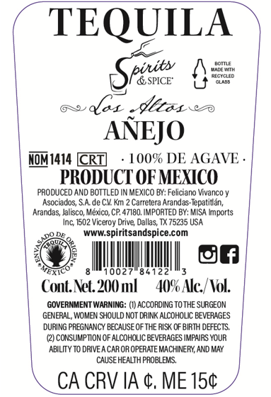 TABC label artwork for SPIRITS & SPICE LOS ALTOS ANEJO
