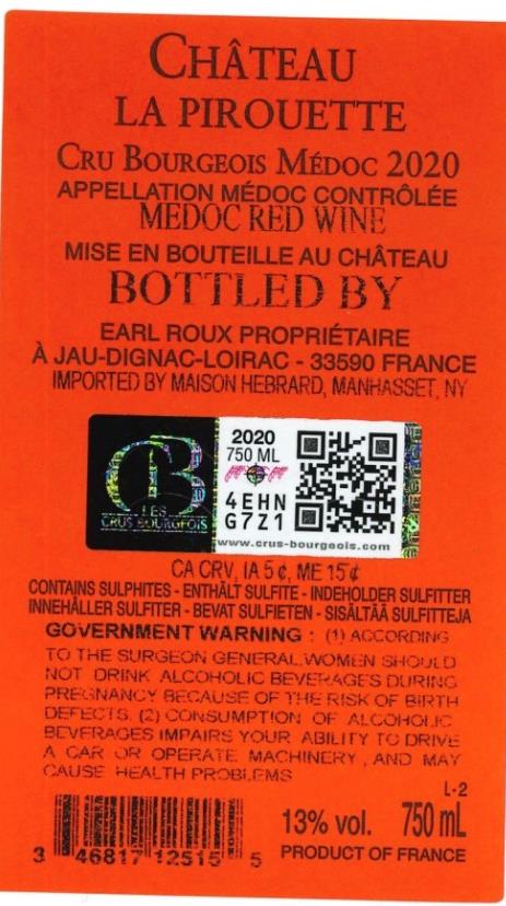 TABC label artwork for CHATEAU LA PIROUETTE MEDOC