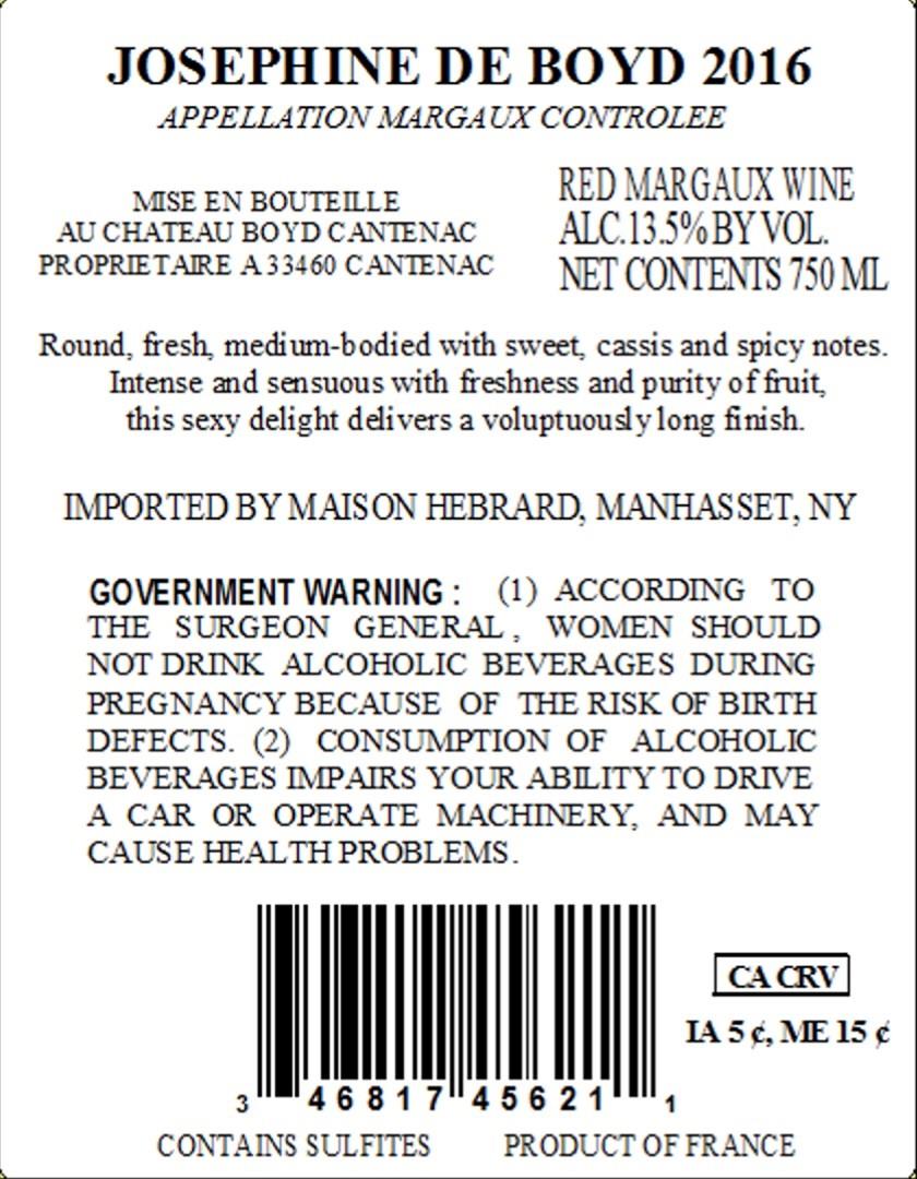 TABC label artwork for JOSEPHINE DE BOYD MARGAUX RED