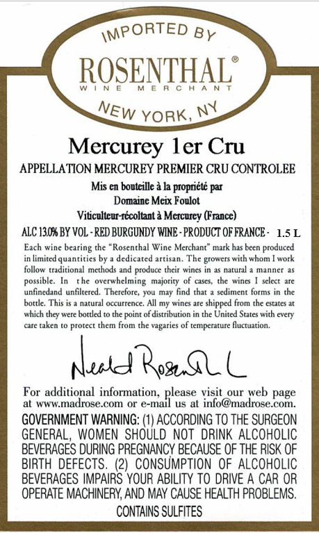 TABC label artwork for Domaine Meix Foulot Mercurey 1er Cru Rouge