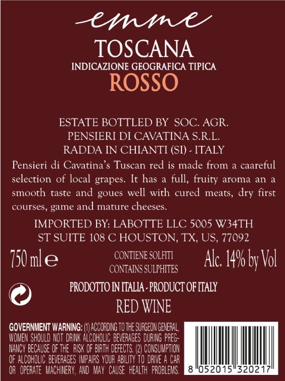 TABC label artwork for PENSIERI DI CAVATINA TOSCANA ROSSO