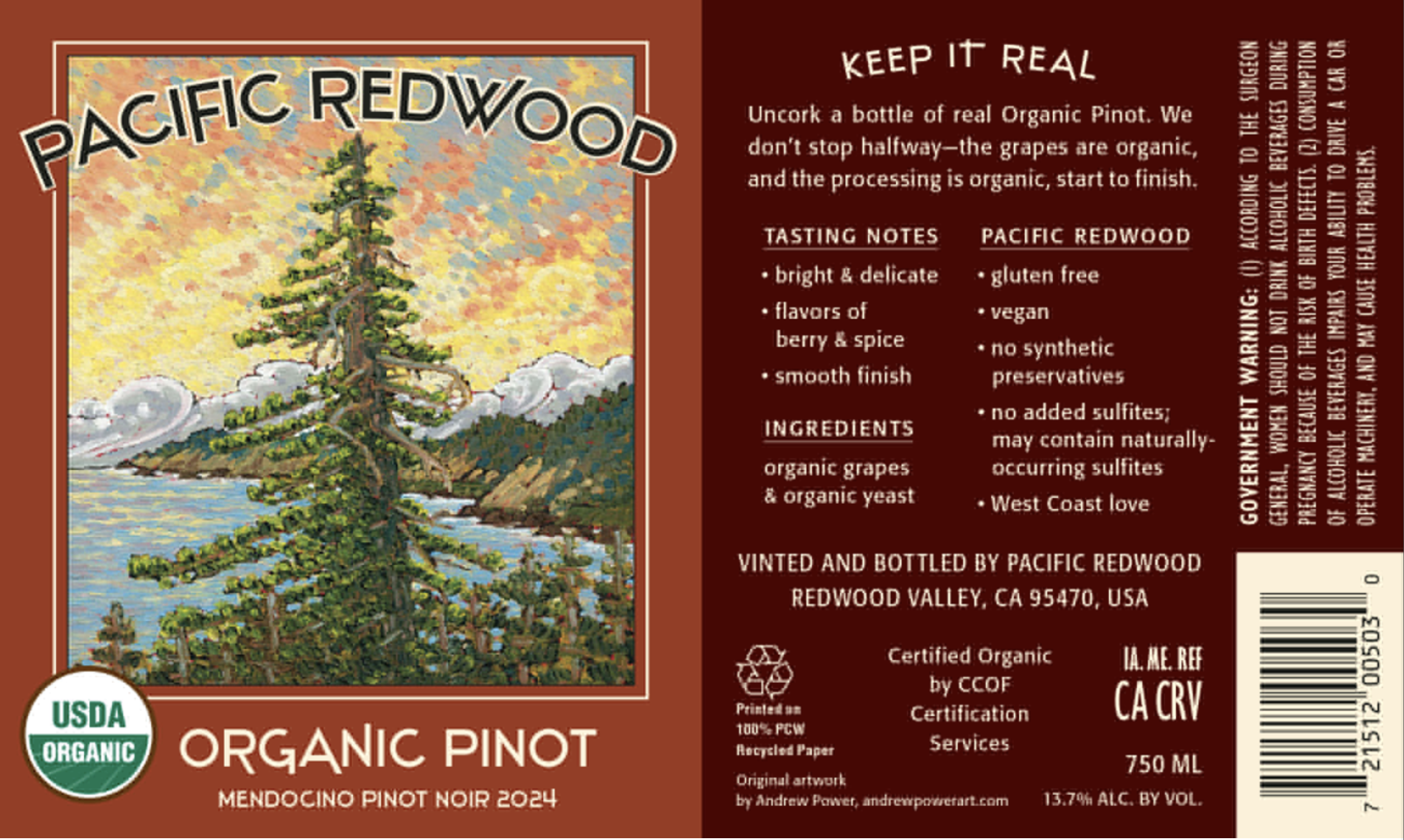 TABC label artwork for Pacific Redwood Organic Pinot