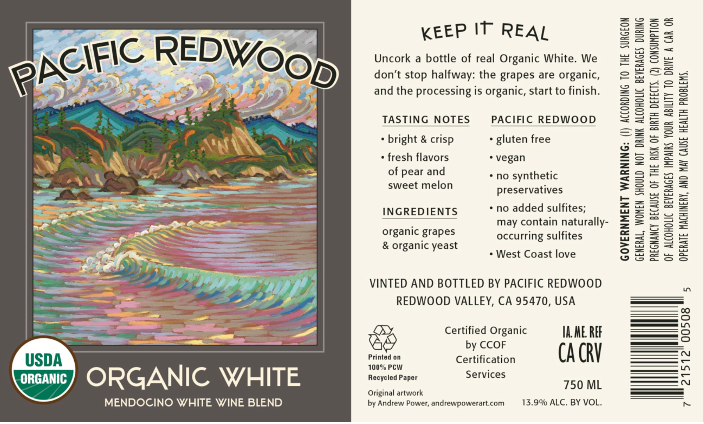 TABC label artwork for Pacific Redwood Organic White