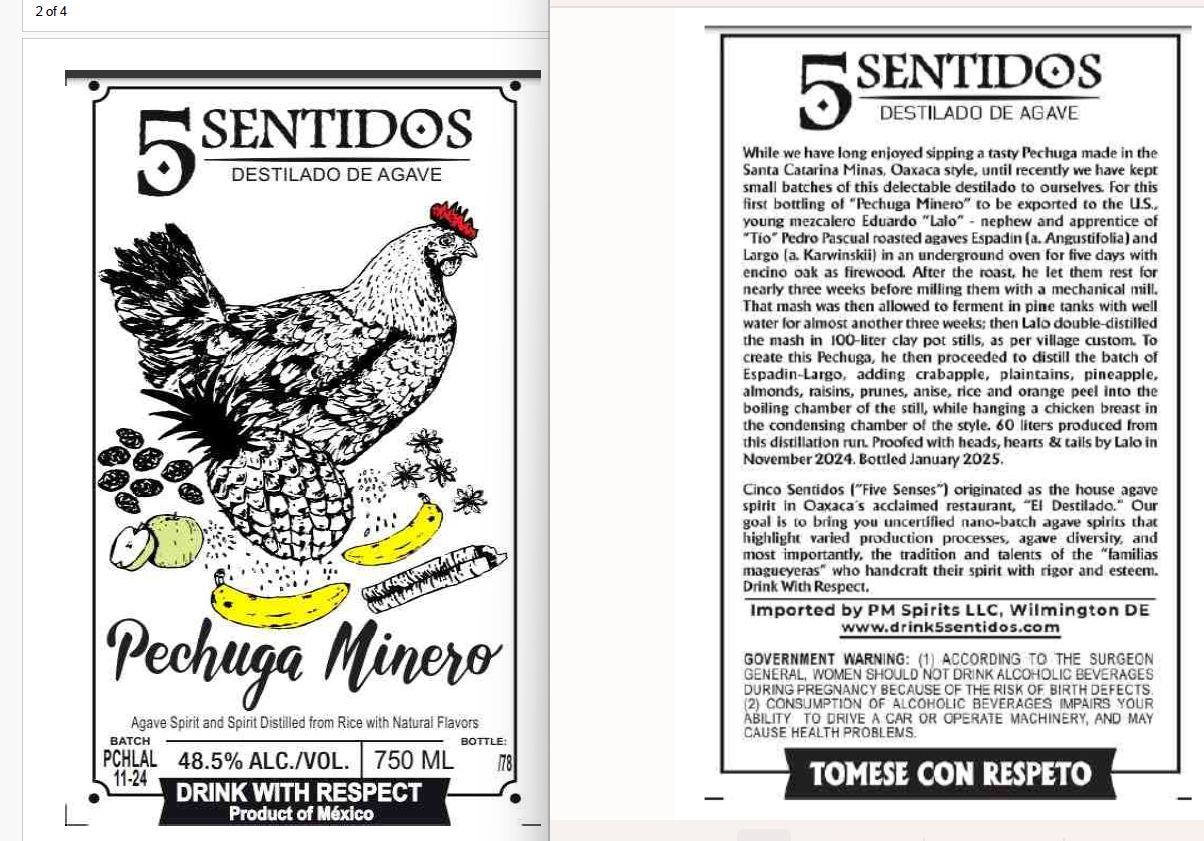 TABC label artwork for Cinco Sentidos Pechuga de Minero