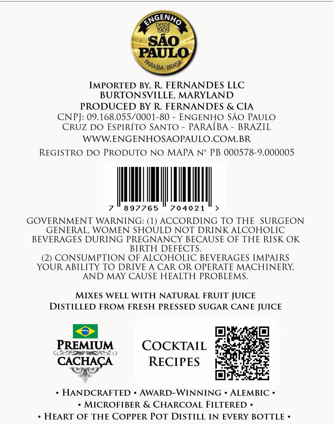 TABC label artwork for SAO PAULO CACHACA SAO PAULO CACHACA DOUBLE DISTILLED