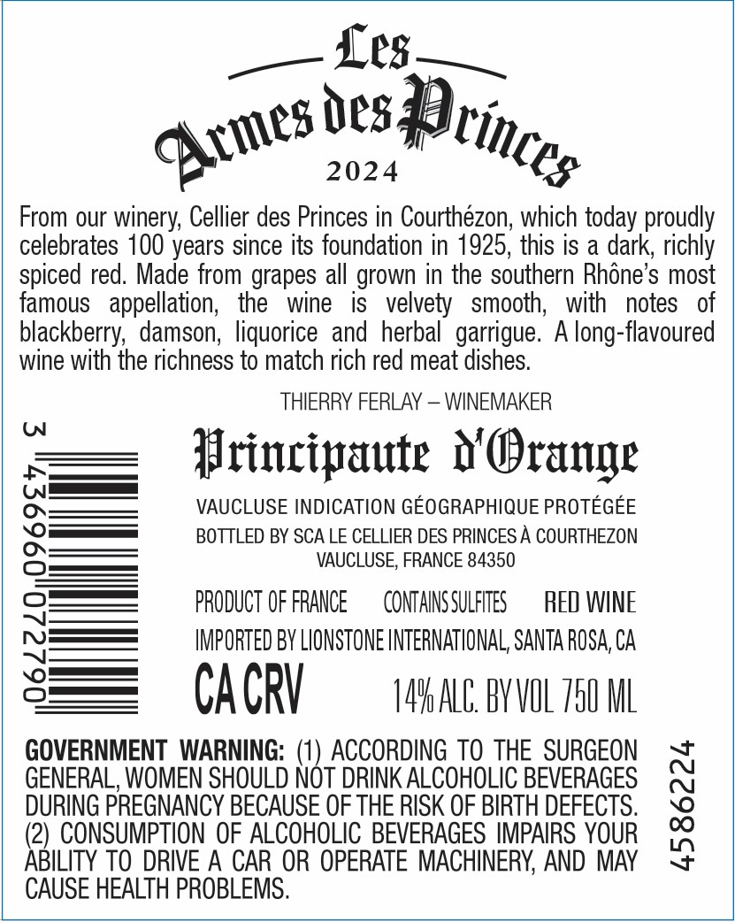 TABC label artwork for LES ARMES DES PRINCES PRINCIPAUTE D'ORANGE - VAUCLUSE
