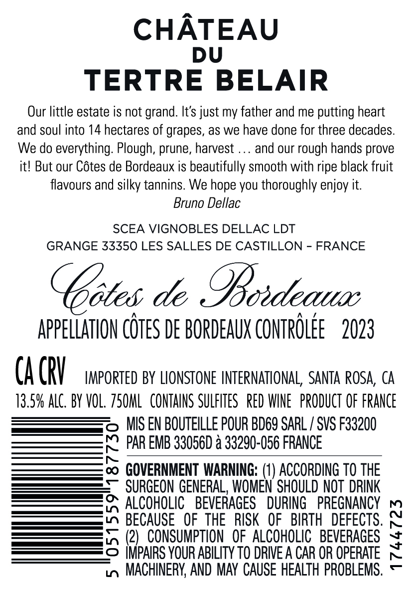 TABC label artwork for CHATEAU DU TERTRE BELAIR COTES DE BORDEAUX RED