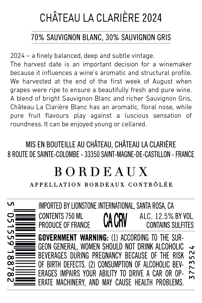 TABC label artwork for CHATEAU LA CLARIERE SAUVIGNON BLANC SAUVIGNON GRIS