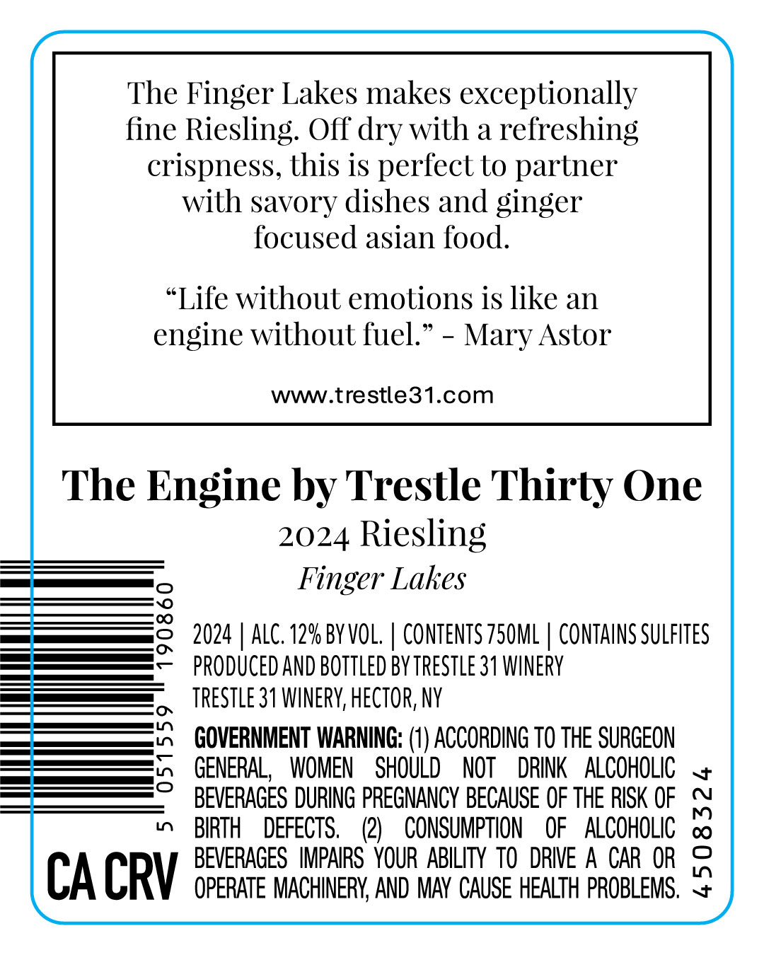 TABC label artwork for The Engine by Trestle Thirty One Riesling, Finger Lakes