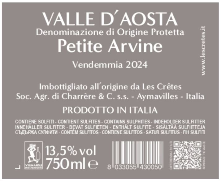 TABC label artwork for LES CRETES PETITE ARVINE VALLE D'AOSTA