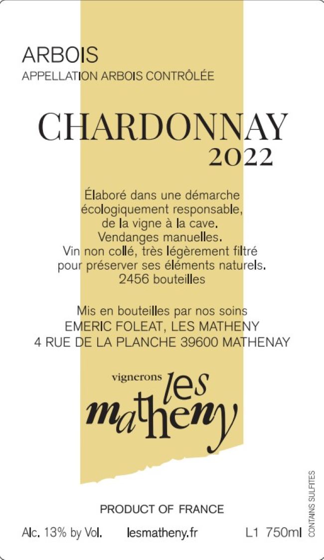 TABC label artwork for Vignerons Les Matheny Arbois Blanc Chardonnay