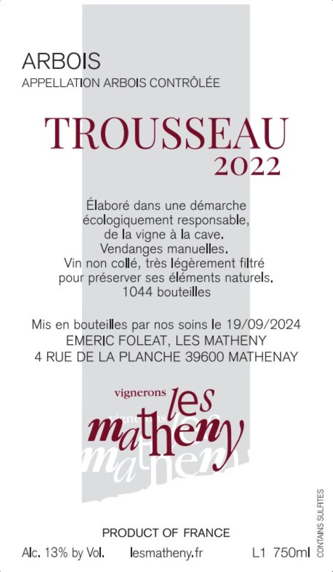 TABC label artwork for Vignerons Les Matheny Arbois Trousseau
