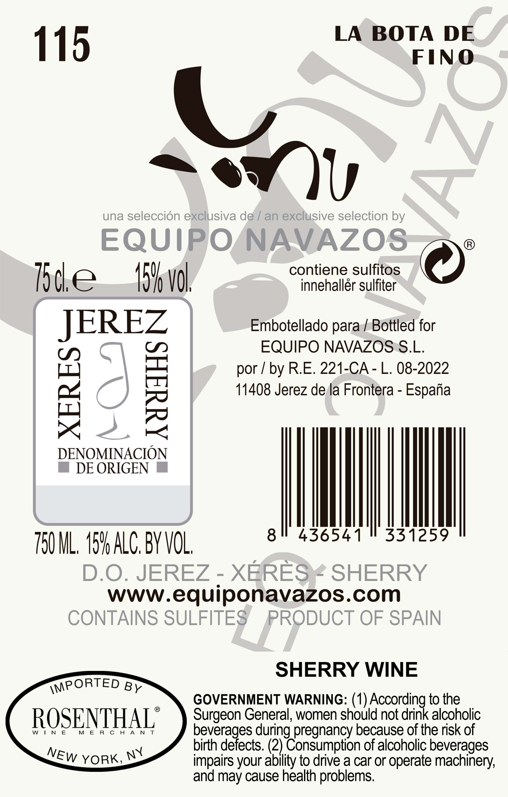TABC label artwork for Equipo Navazos Fino (La Bota 115) Jerez de la Frontera Jerez-Xeres-Sherry